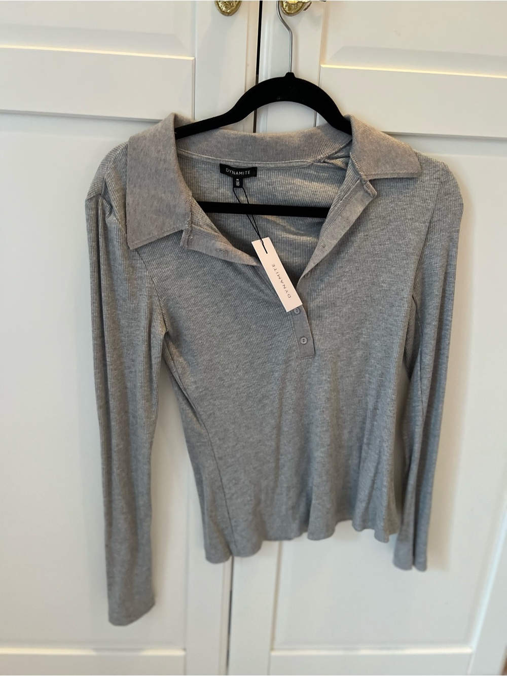 Dynamite Light Gray Ribbed Long-Sleeve Polo Top sz M